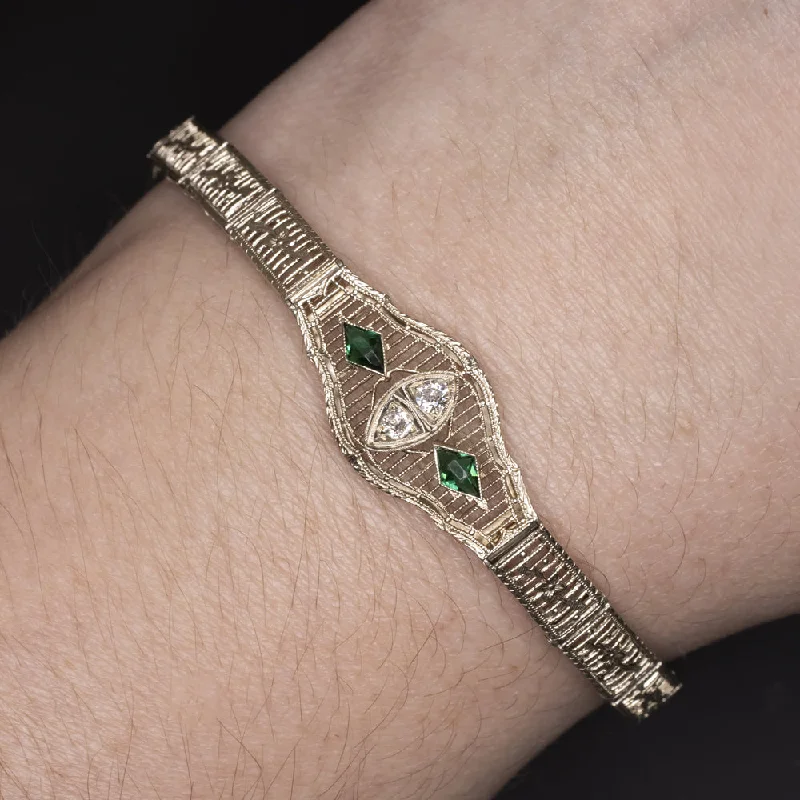 ladies-silver-crystal-bracelets-VINTAGE DIAMOND EMERALD 14k WHITE GOLD BRACELET ART DECO OLD EURO CUT FILIGREE