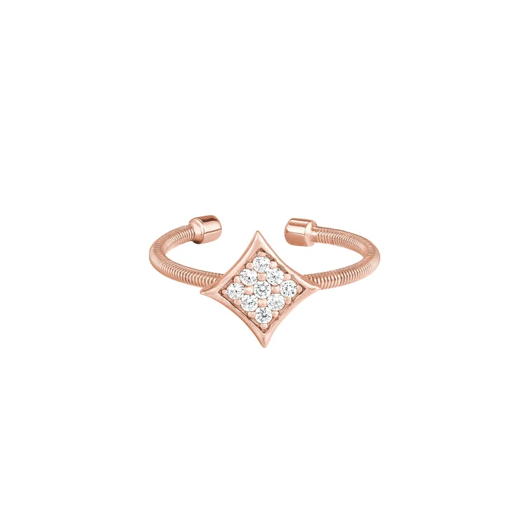 Ladies rings paired sets -Rose Gold Finish Sterling Silver Cable Cuff Diamond Shaped Ring with Simulated Diamonds