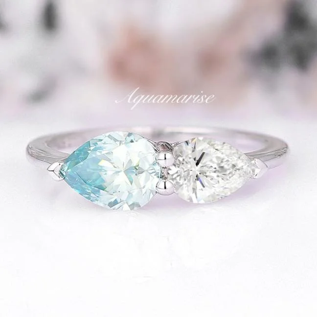 Ladies wedding rings with tide chalcedony -'Toi Et Moi' Blue Moissanite Engagement- Sterling Silver