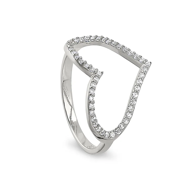 Ladies rings rust-proof silver -Platinum Finish Sterling Silver Micropave Open Heart Ring with Simulated Diamonds