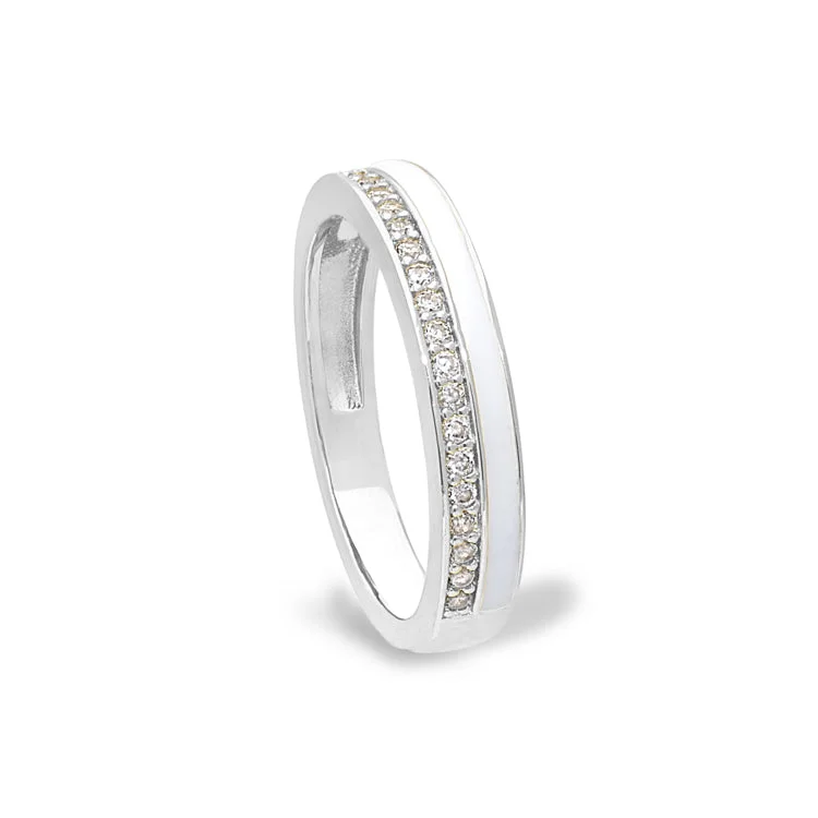 Ladies rings with burst shine -Platinum Finish Sterling Silver Micropave Ring with with White Enamel and Simulated Diamondss