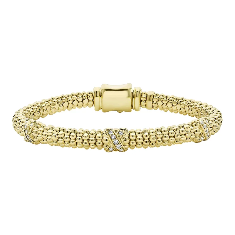 ladies-heart-slider-bracelets-18K Gold Three Station X Diamond Caviar Bracelet