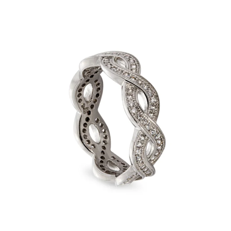 Ladies rings bowed elegance -Platinum Finish Sterling Silver Micropave Twisted Ring with 104 Simulated Diamonds