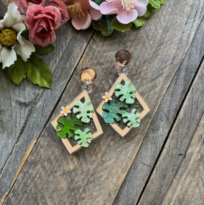 Ladies earrings with pearl sapphire -Monstera Terrarium Earrings Rose Gold