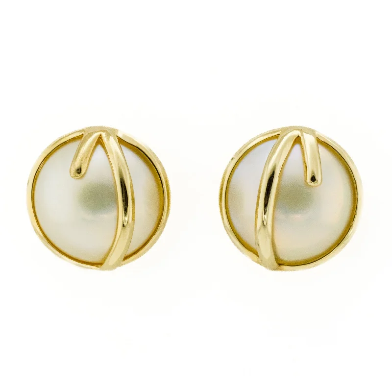 Ladies earrings for charity charm -Mabe Pearl Solitaire Stud Earrings in 14K Yellow Gold