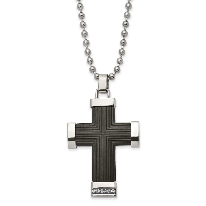 ladies-moon-box-chain-necklaces-Two Tone Stainless Steel & Crystal Reversible Cross Necklace, 22 Inch