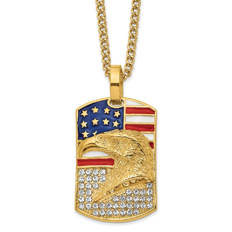 ladies-delicate-y-drop-necklaces-Stainless Steel, Gold-Tone, Enamel, Crystal Eagle Flag Necklace, 24 In