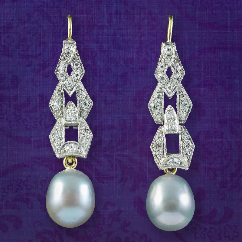 Ladies earrings classic flair -Art Deco Style Pearl Diamond Drop Earrings Platinum Gold Wires