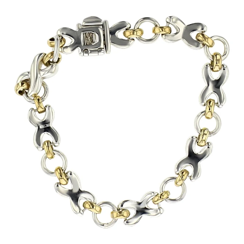 ladies-wedding-rigid-link-bracelets-Sterling Silver 14K Gold X & O Pattern Bracelet