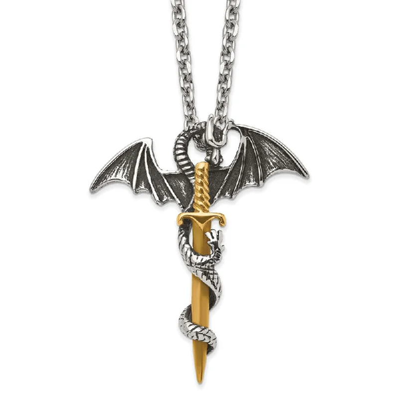 ladies-trendy-curb-chain-necklaces-Stainless Steel & Gold Tone Plated Large Dragon Sword Necklace, 24 In