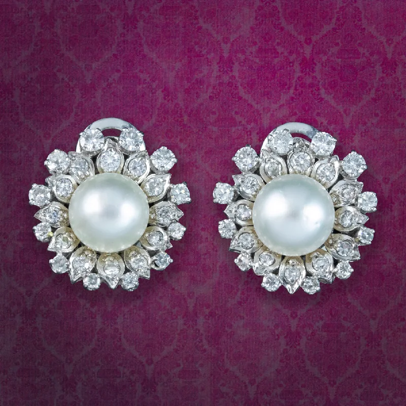 Ladies earrings for spa vibes -Vintage French Pearl Diamond Flower Clip Earrings 4ct Diamond