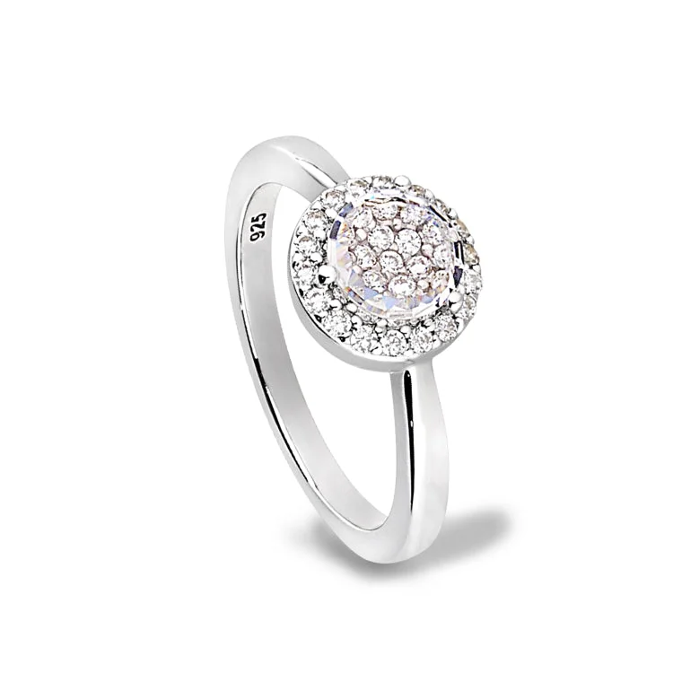 Ladies rings for film vibes -Platinum Finish Sterling Silver Micropave Round Ring with Simulated Diamonds -Size 6