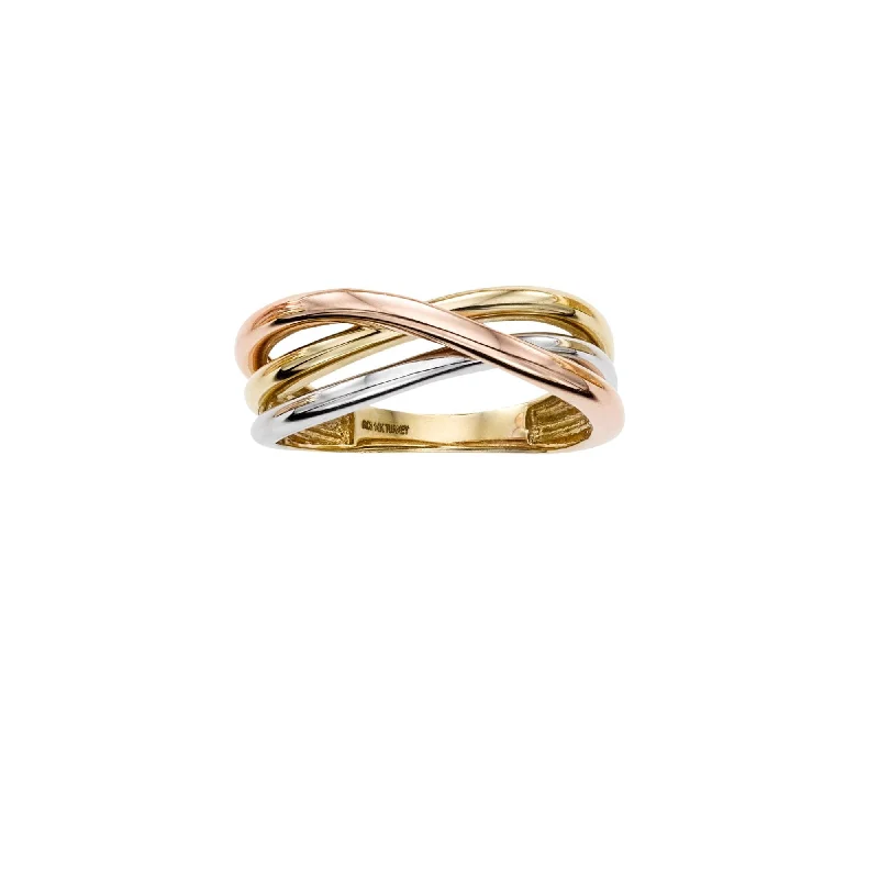 Ladies rings with star elegance -14K Tri-color Gold Crossover Ring