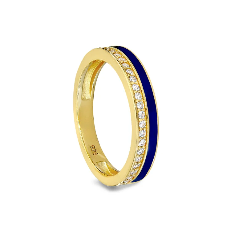 Ladies rings with hope designs -Gold Vermeil Sterling Silver Micropave Ring with with Navy Enamel and Simulated Diamondss