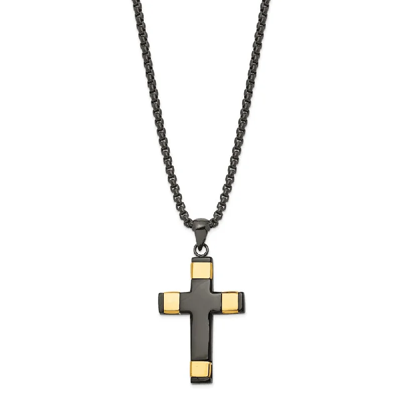 ladies-bridal-bar-pendant-necklaces-Stainless Steel Black and Gold Tone Plated Cross Necklace, 19.75 Inch