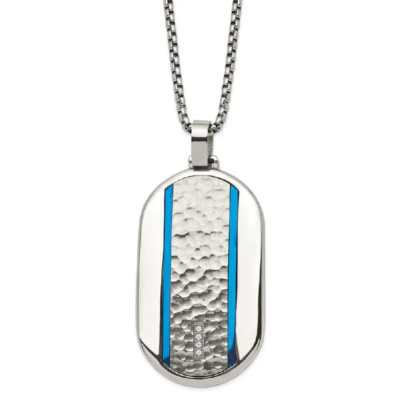 ladies-heart-multi-strand-necklaces-Stainless Steel CZ Blue Plated Large Rounded Dog Tag Necklace, 24 Inch