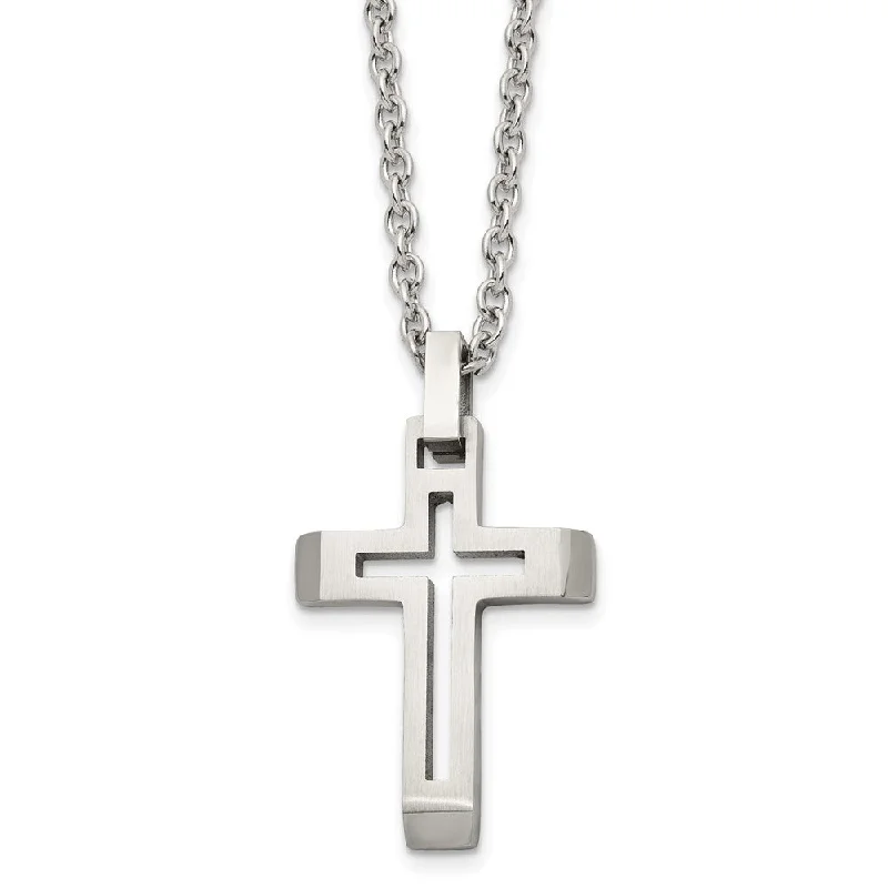 ladies-birthstone-bar-pendant-necklaces-Mens Stainless Steel Brushed & Polished Voided Cross Necklace, 20 Inch