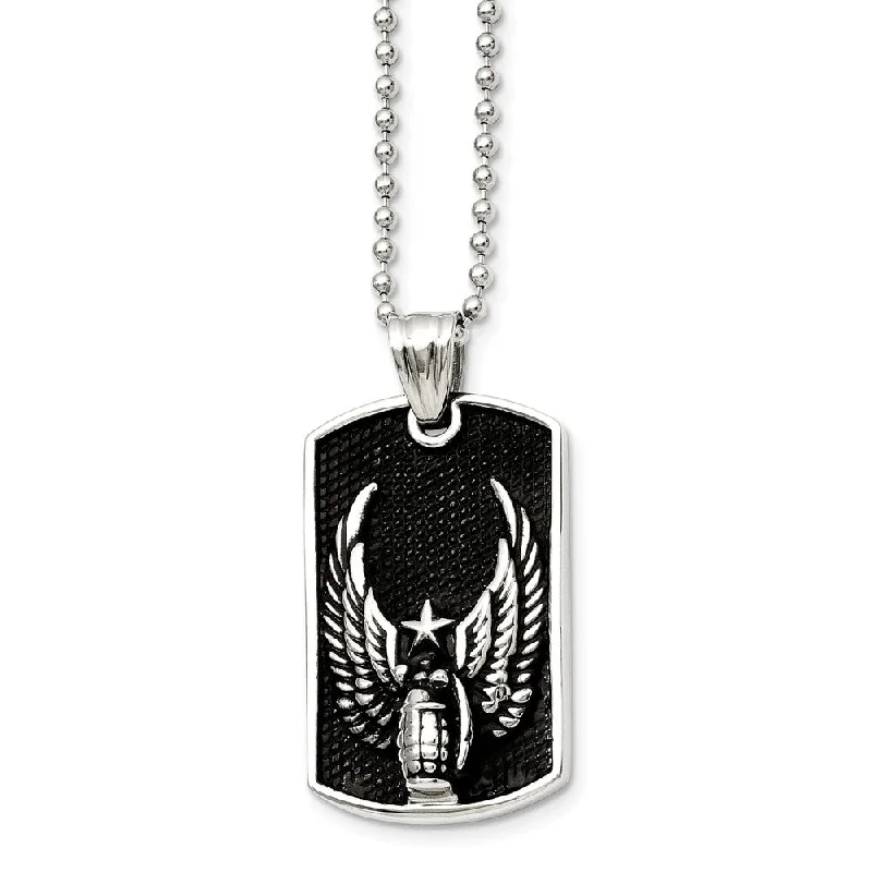 ladies-heart-y-drop-necklaces-Stainless Steel Antiqued Wings Dog Tag Necklace 22 Inch