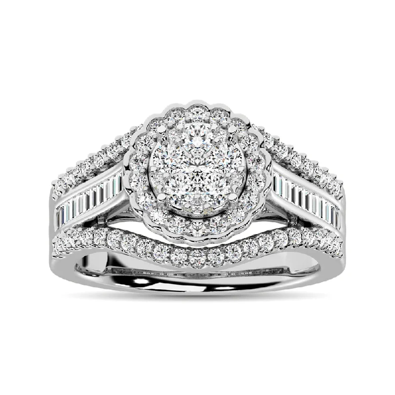 Ladies wedding rings with ridge settings -10K White Gold Round and Baguette Diamond 1 Ct.Tw. Engagement Ring