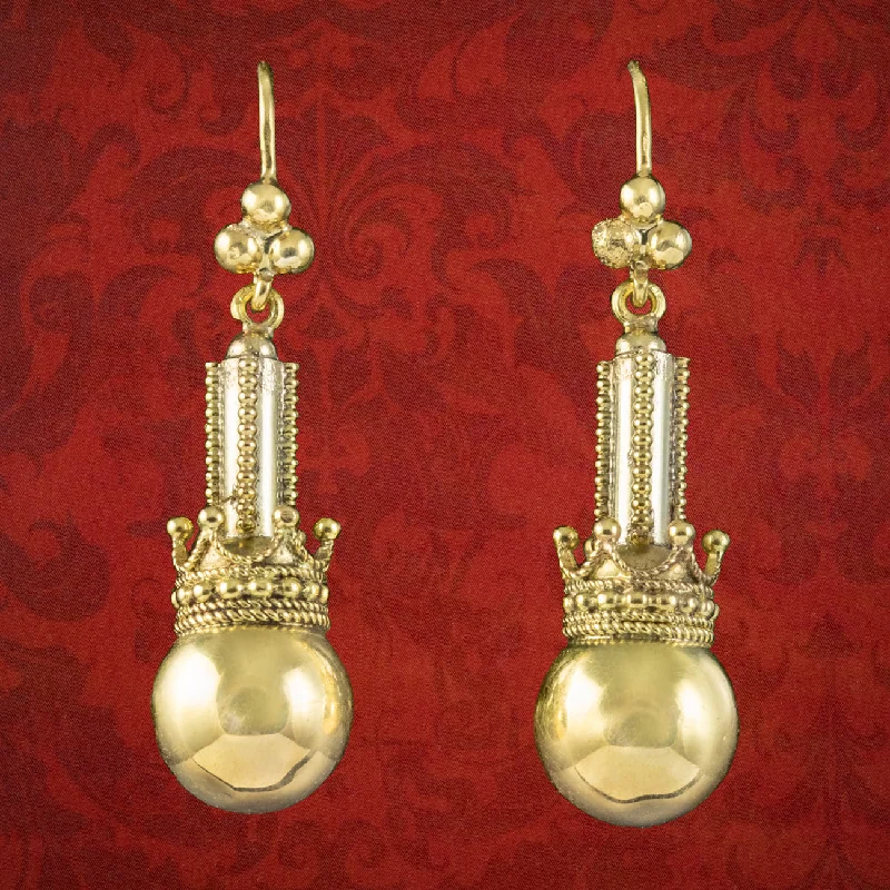 Ladies earrings luminous shine -Antique Victorian Ball And Crown Drop Earrings 15ct Gold