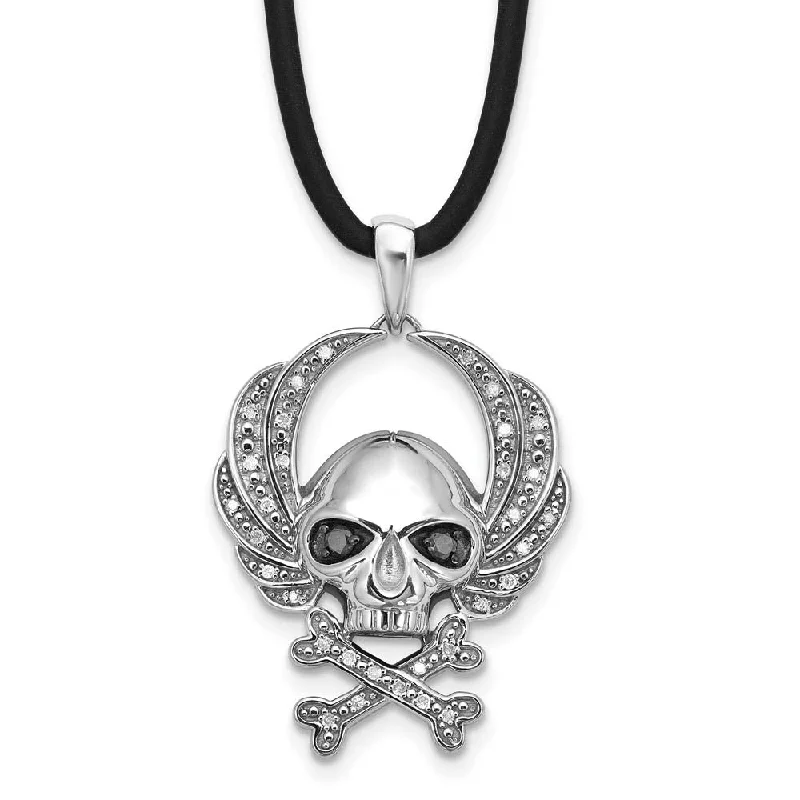 ladies-birthstone-beaded-choker-necklaces-Black & White Diamond Sterling Silver Skull & Crossbones Cord Necklace