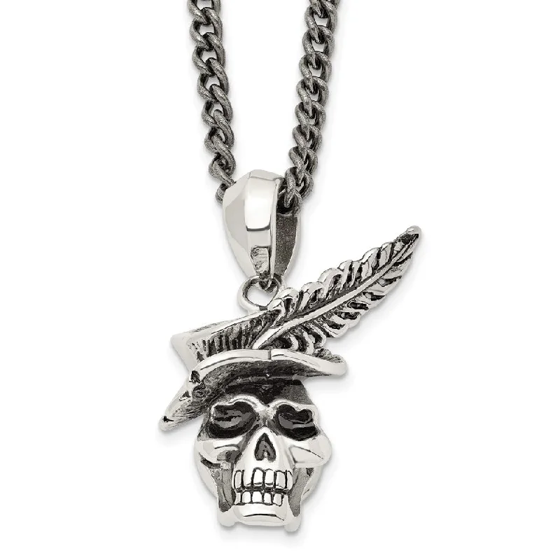 ladies-cross-curb-chain-necklaces-Stainless Steel Antiqued 3D Feather Hat Skull Necklace, 22 Inch