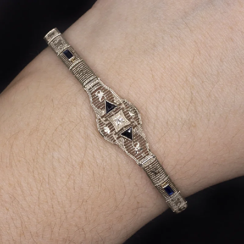 ladies-gift-hinged-bangle-bracelets-VINTAGE DIAMOND SAPPHIRE 14k WHITE GOLD BRACELET FILIGREE ART DECO BLUE ESTATE