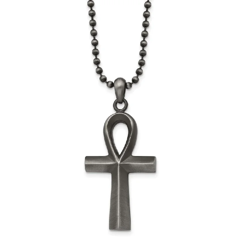 ladies-vintage-curb-chain-necklaces-Stainless Steel Antiqued & White Bronze Plated Ankh Necklace, 22 Inch