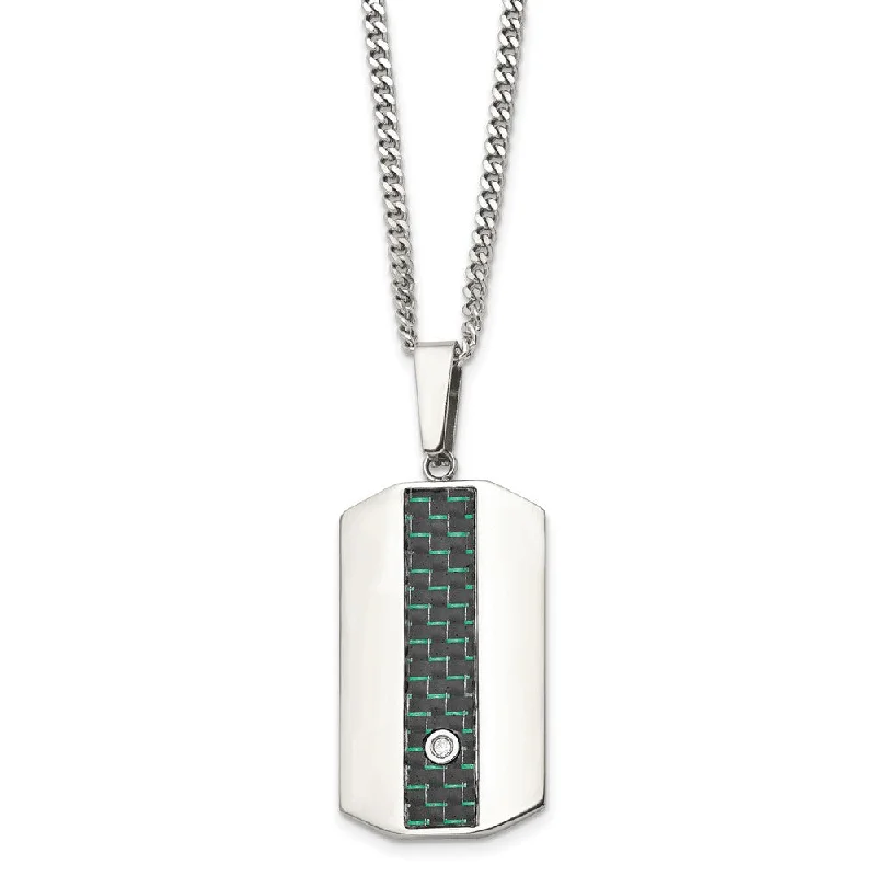 ladies-affordable-beaded-choker-necklaces-Stainless Steel, Black/Green Carbon Fiber & CZ Dog Tag Necklace, 24 In