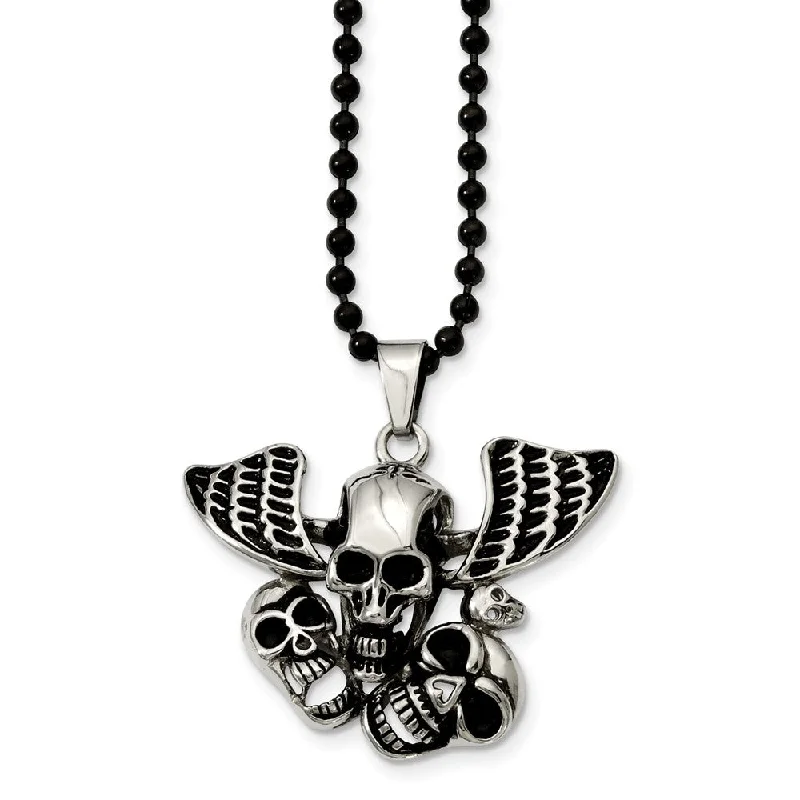 ladies-sterling-silver-bar-pendant-necklaces-Stainless Steel Antiqued Skulls Necklace 24 Inch