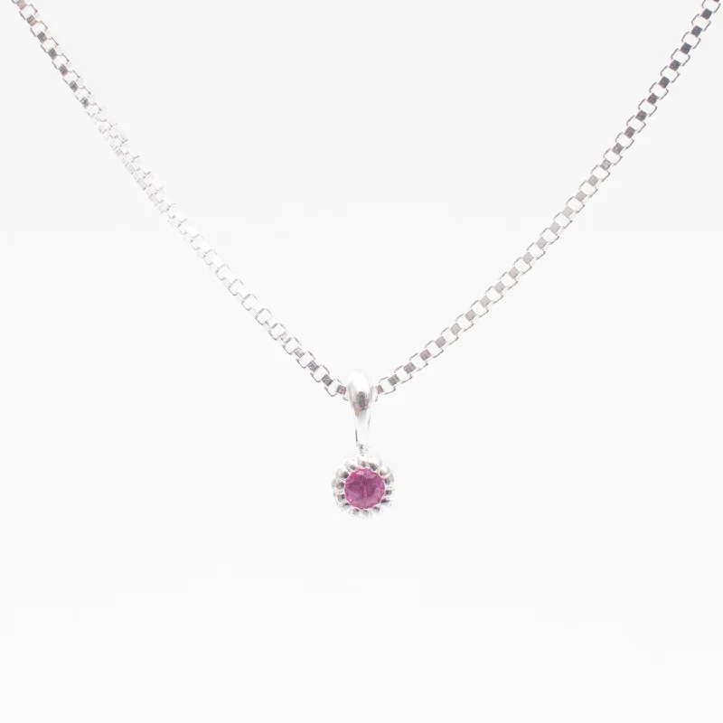 ladies-birthstone-figaro-chain-necklaces-Silver Tiny Milgrain Edge Ruby Necklace