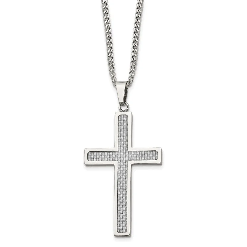 ladies-custom-beaded-choker-necklaces-Stainless Steel & Gray Carbon Fiber Large Cross Necklace, 20 Inch