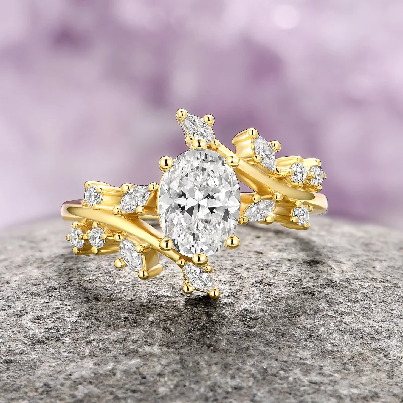 Ladies wedding rings for spring ceremonies -Diamond (cz) Leaf Fairy Engagement Ring- 14K Yellow Gold Vermeil