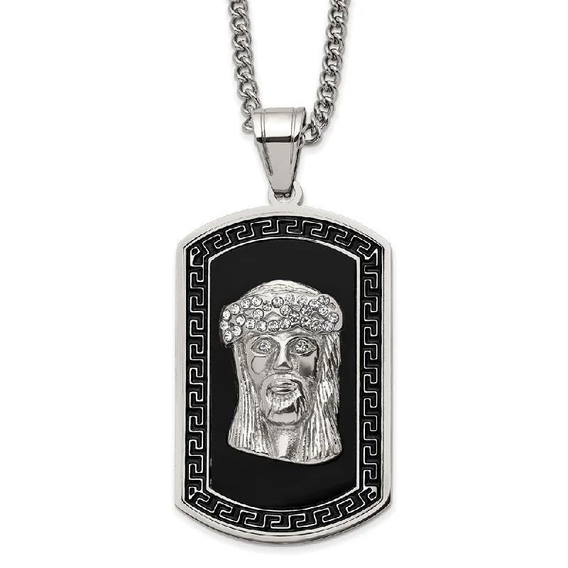 ladies-rose-gold-crystal-necklaces-Stainless Steel, Black Enamel & Crystal Jesus Dog Tag Necklace, 24 In