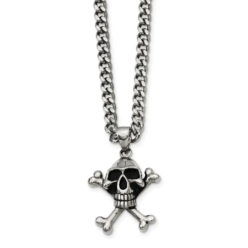 ladies-ethnic-curb-chain-necklaces-Stainless Steel Antiqued Skull and Crossbones Necklace 24 Inch