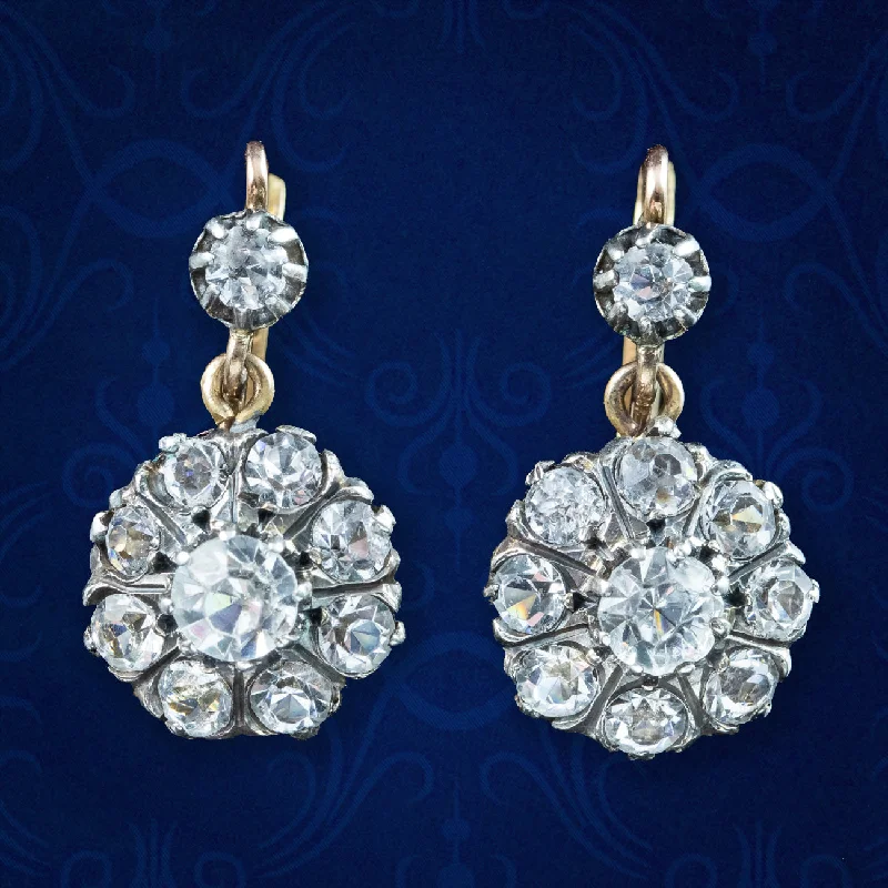 Ladies earrings graceful shine -Antique Victorian Paste Flower Drop Earrings Silver 18ct Gold