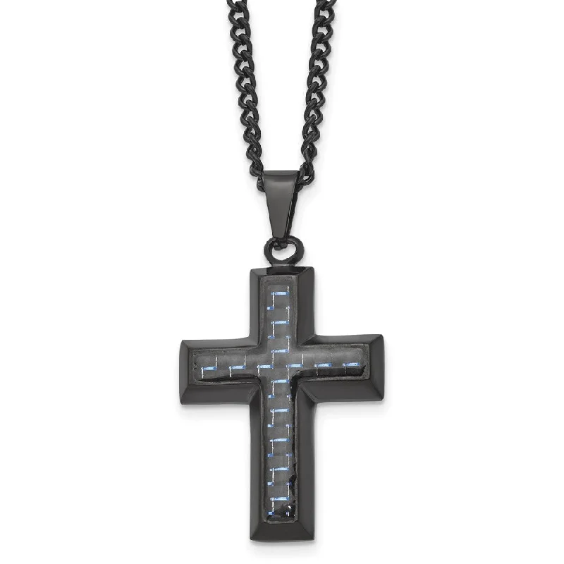 ladies-ethnic-heart-locket-necklaces-Black Plated Stainless Steel Blue Carbon Fiber Cross Necklace, 24 Inch