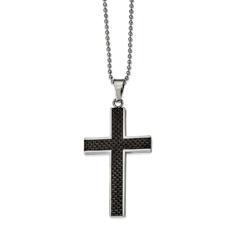 ladies-silver-pearl-necklaces-Stainless Steel and Black Carbon Fiber Cross Necklace