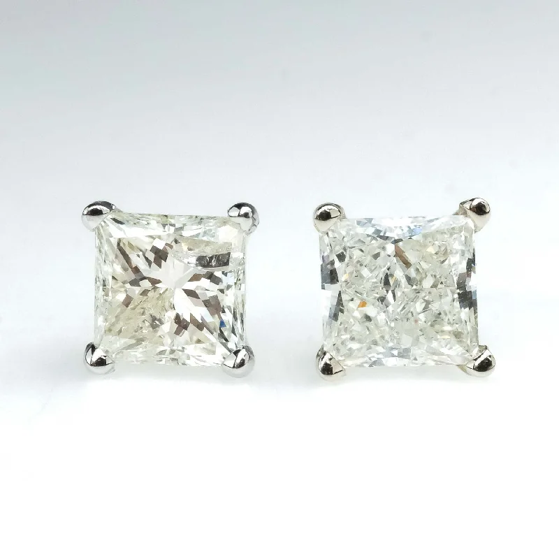 Ladies earrings with ash sapphire -2.05ctw Princess Cut Diamond Solitaire Stud Earrings in 14K White Gold