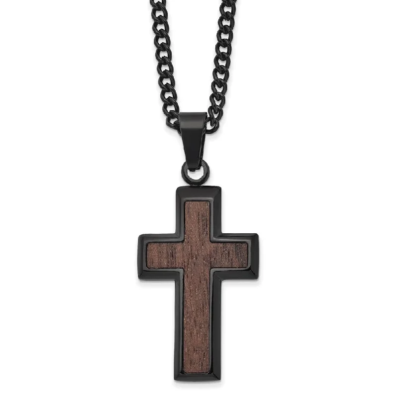 ladies-birthstone-figaro-chain-necklaces-Mens Black Plated Stainless Steel & Wood Inlay Cross Necklace, 24 Inch