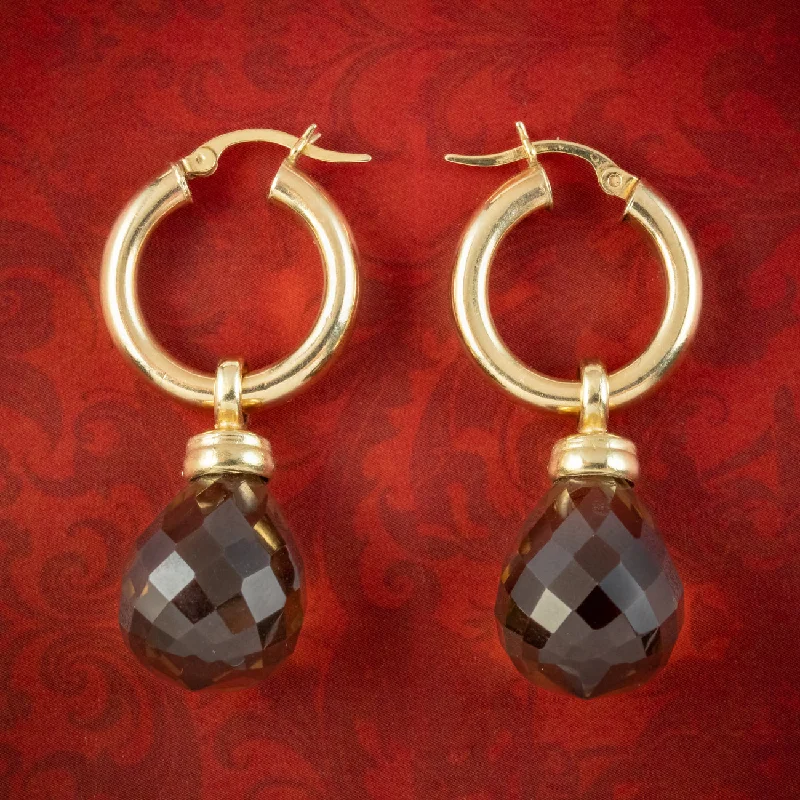 Ladies earrings with nature charms -Vintage Smoky Quartz Night And Day Drop Earrings 14ct Gold