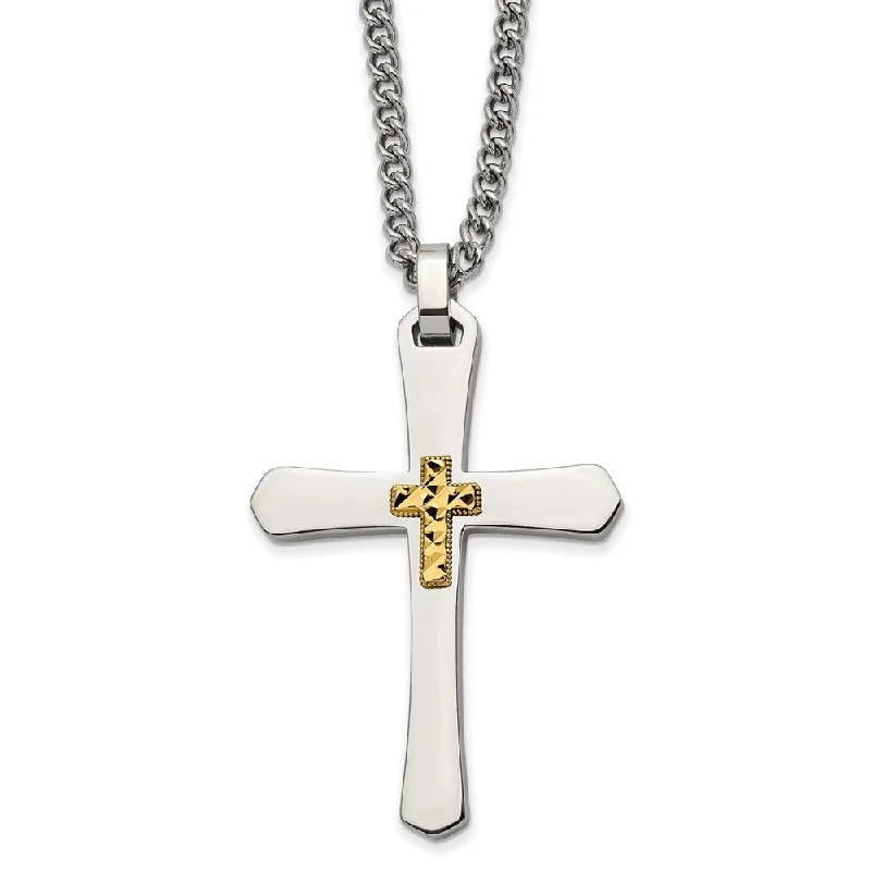 ladies-rustic-figaro-chain-necklaces-Stainless Steel & 14k Yellow Gold Accent D/C Cross Necklace, 24 Inch