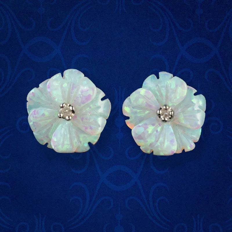 Ladies earrings fun shine -Victorian Style Opal Diamond Flower Stud Earrings 9ct Gold