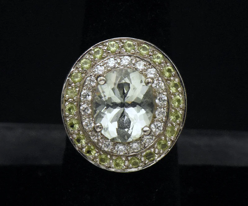 Ladies rings for quest charm -Vintage Prasiolite and Crystals Sterling Silver Ring - Size 6.5