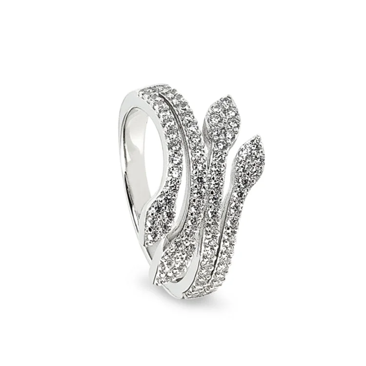 Ladies rings with quill motifs -Platinum Finish Sterling Silver Micropave Leaf Ring with Simulated Diamonds