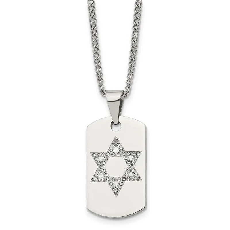 ladies-star-curb-chain-necklaces-Stainless Steel & CZ Small Star of David Dog Tag Necklace, 22 Inch