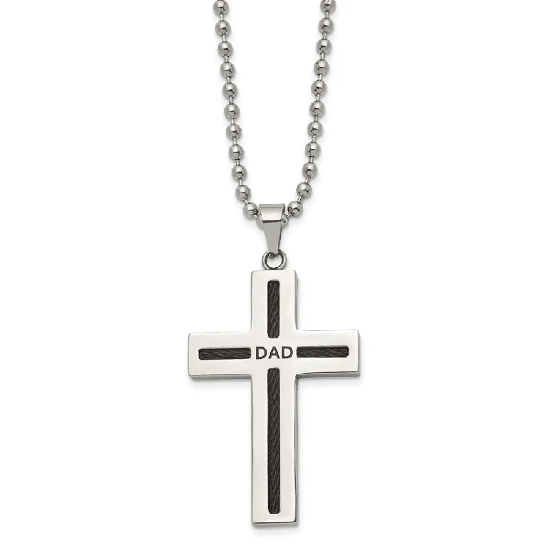 ladies-cross-y-drop-necklaces-Stainless Steel & Black Plated Cable DAD Cross Necklace, 24 Inch