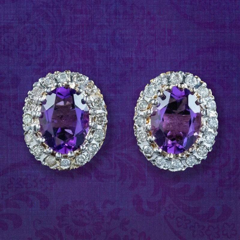 Ladies earrings with antler studs -Victorian Style Amethyst Diamond Cluster Stud Earrings 9ct Gold