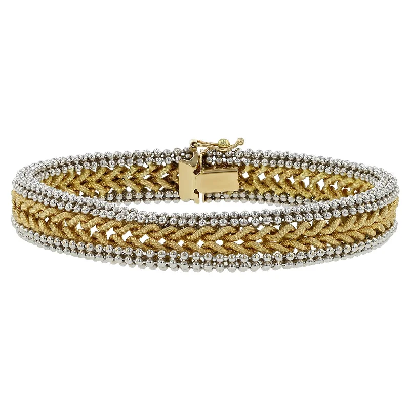 ladies-crystal-silver-bracelets-Two-Tone 14K Mesh Center Bracelet with Bead Border