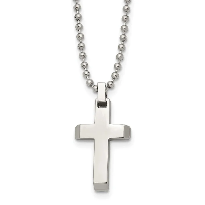 ladies-affordable-curb-chain-necklaces-Stainless Steel Small Beveled Cross Necklace, 20 Inch